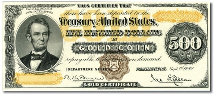 1882 Basımı 500 Dolarlık Altın Sertifikası