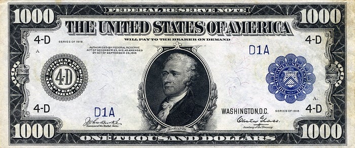 1918 Basımı Alexander Hamilton 1000 Dolar
