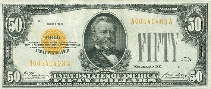 1928 Basımı 50 Dolarlık Altın Sertifika