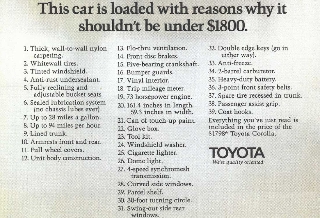 Toyota Corolla Fotograflari Ilk Uretimden Son Uretime Kadar Tarihsel Liste 1970 E20 Reklam Cekimi Ozellik Katalog