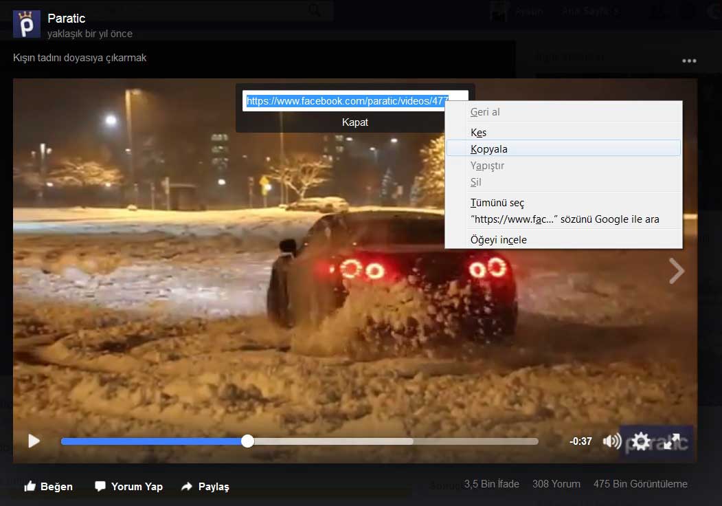 Facebook Video URL'si Kopyalama