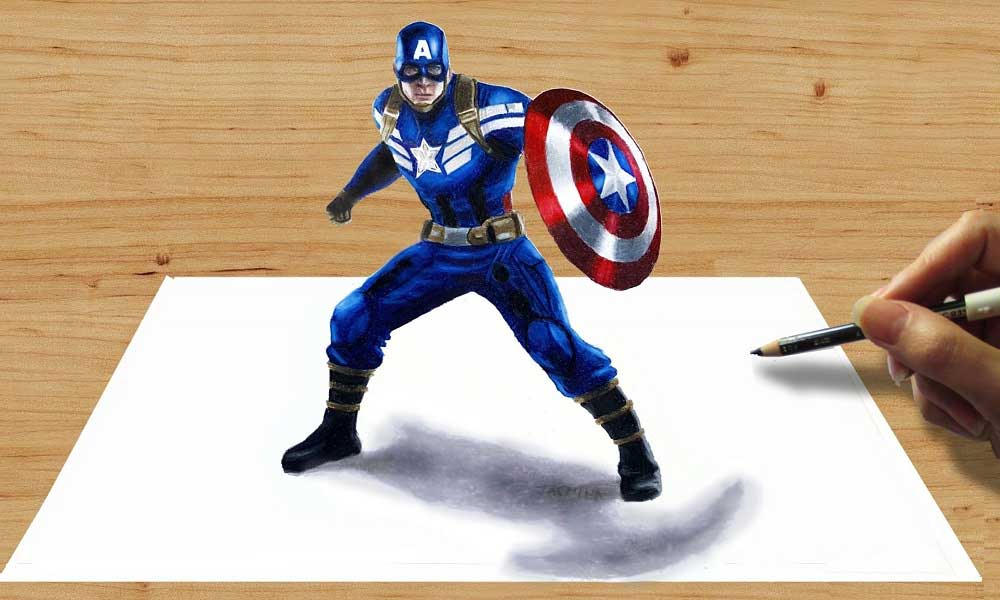 Marvel'ın ilk Yenilmez'i Captain America'nın 3 boyutlu ve gerçekçi çizimi de görülmeye değer.