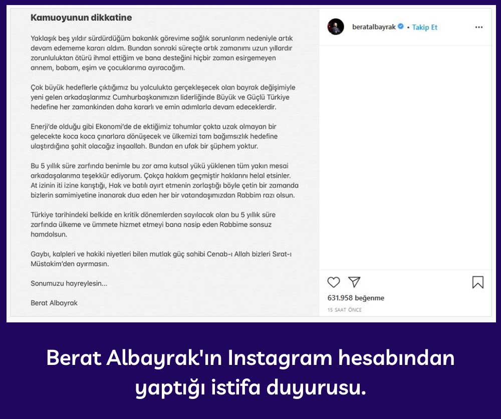Berat Albayrak İstifa Paylaşımı Berat Albayrak İstifa Paylaşımı