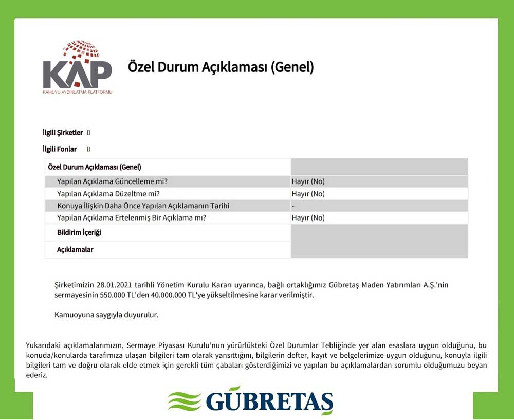 Gübretaş KAP Duyurusu Gübretaş KAP Duyurusu