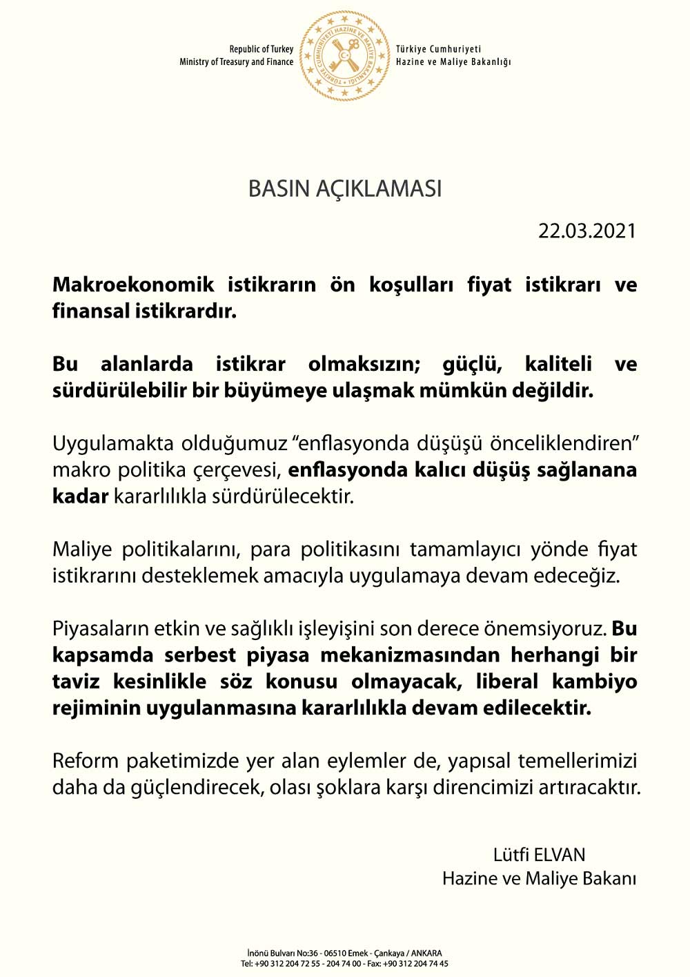 Hazine ve Maliye Bakanı Lütfi Elvan Açıklaması Hazine ve Maliye Bakanı Lütfi Elvan Açıklaması