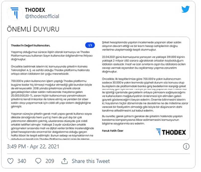 Thodex Twitter duyurusu
