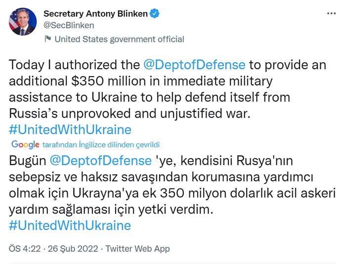 ABD Ukrayna’ya 350 Milyon Dolarlık Acil Askeri Yardım Açıkladı