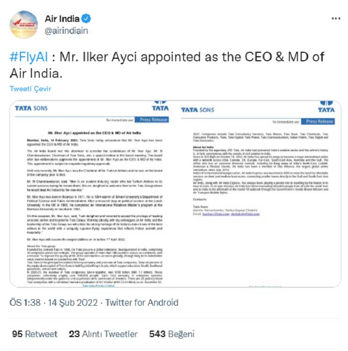 Havacılık Sektörü Liderlerinden İlker Aycı Air India CEO'su Oluyor
