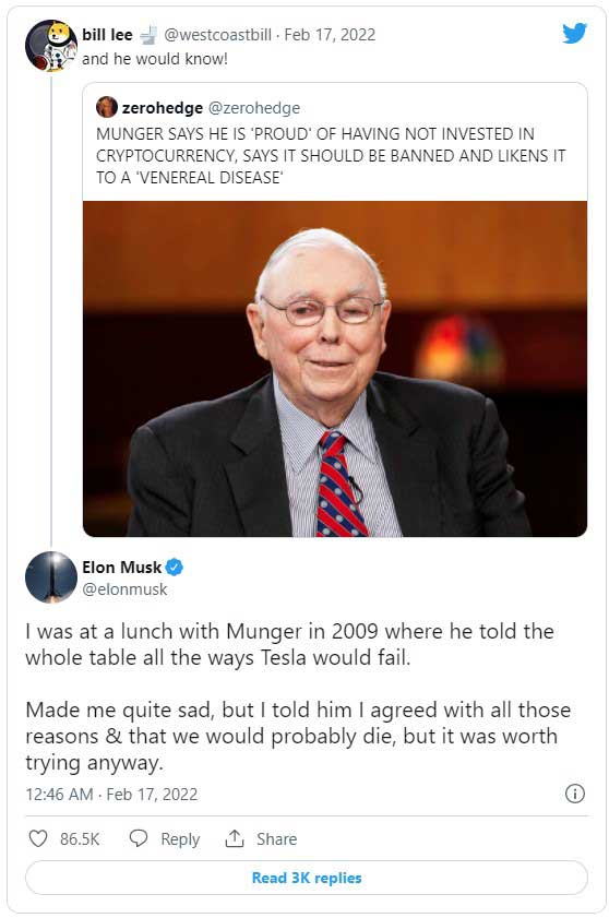 Elon Musk, Munger tweet