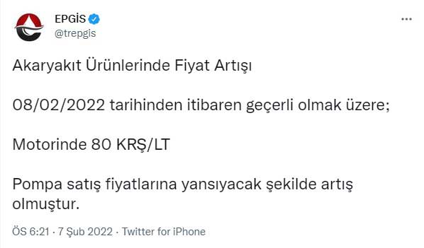 EPGİS Motorine Yeni Zam Duyurusu EPGİS Motorine Yeni Zam Duyurusu