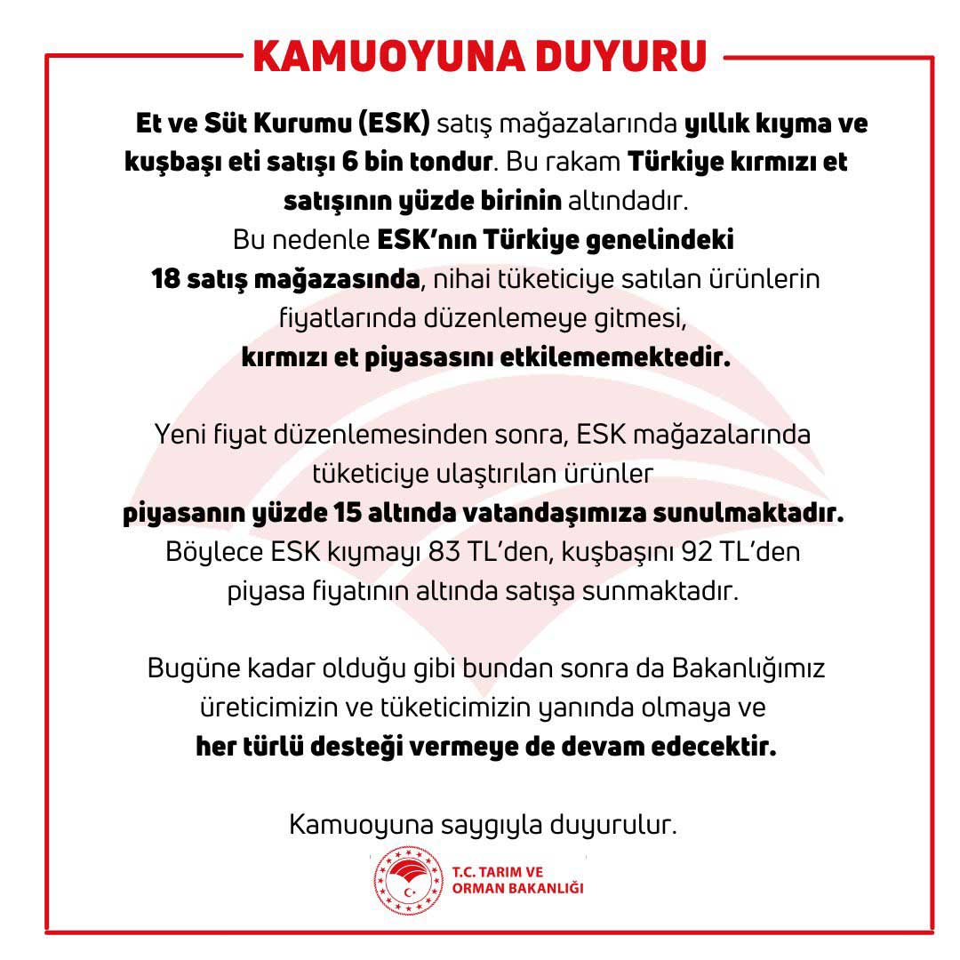 Tarım ve Orman Bakanlığı kırmızı et duyurusu Tarım ve Orman Bakanlığı kırmızı et duyurusu