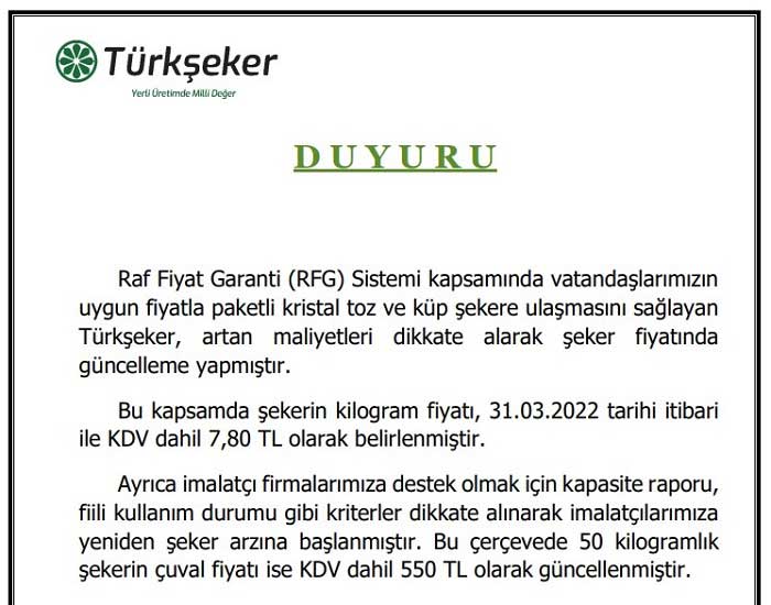 Şeker Fiyatlarına Yüzde 31 Zam Şeker Fiyatlarına Yüzde 31 Zam