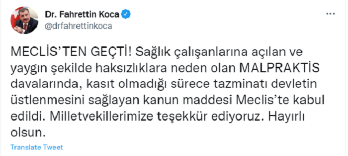 Sağlık Bakanı Fahrettin Koca Twitter Açıklaması