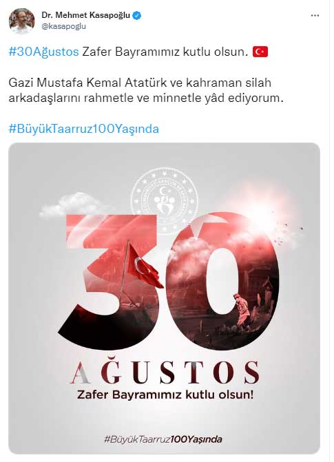 Mehmet Kasapoğlu 30 Ağustos Zafer Bayramı Mesajı