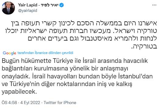 İsrail Başbakanı Türkiye ile İsrail Arasında Havacılık Anlaşması Twitter