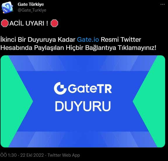 Gate.io Türkiye Twitter paylaşımı