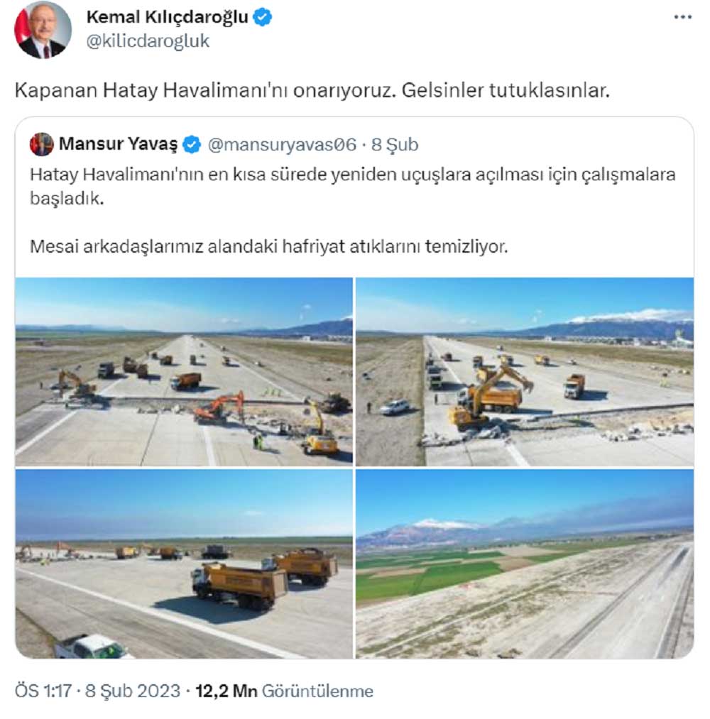 Kılıçdaroğlu'nun Hatay Havalimanı Paylaşımı