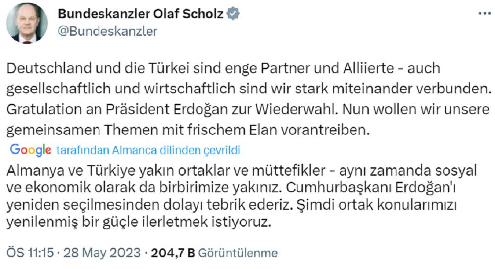 Olaf Scholz Erdoğan'a Tebrik Mesajı