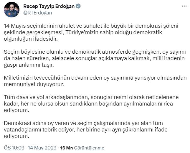 Recep Tayyip Erdoğan Seçim Twitter Açıklaması