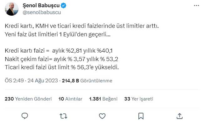 Şenol Babuşcu Twitter kredi faiz