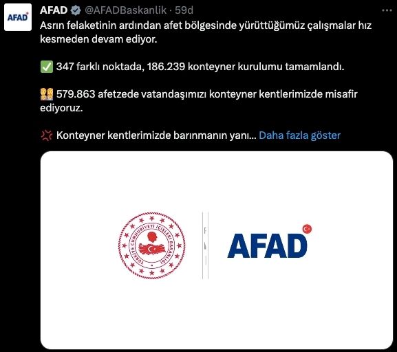 AFAD Afet Bölgesi Çalışmaları Bilgilendirme Tweeti