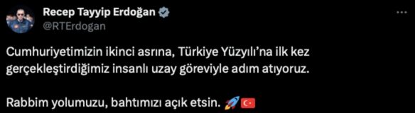 Erdoğan Uzay Yolculuğu Mesajı