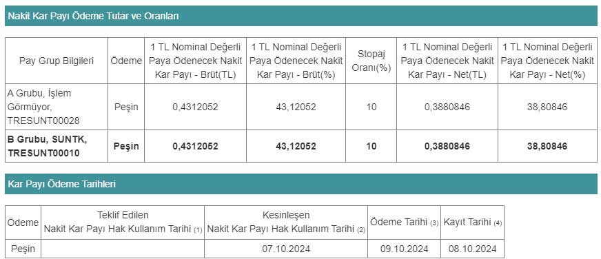 Sun Tekstil kar payı ödeme bilgileri 