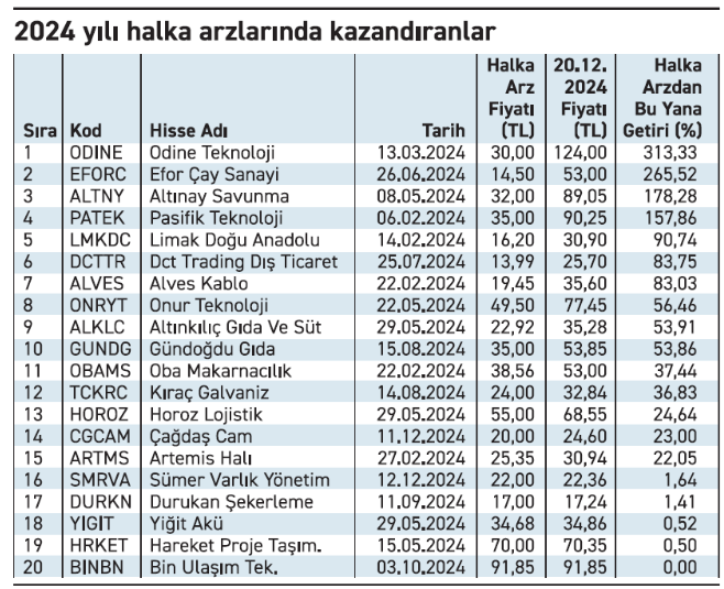 2024’te en çok kazandıran halka arzlar: Yüzde 313 yükseldi