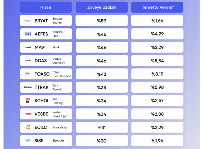 Zirvesine uzak olan 10 adet temettü hissesi