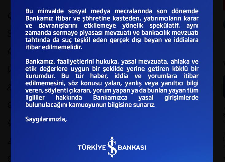 İş Bankası iddialara yanıt verdi: Yasal girişimlerde bulunacağız İş Bankası iddialara yanıt verdi: Yasal girişimlerde bulunacağız