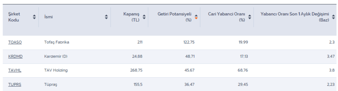 Getiri potansiyeli ve yabancı oranı yüksek 4 hisse